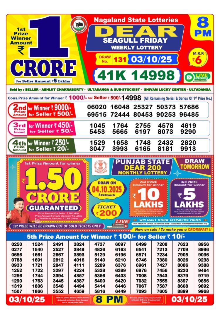 Dear Lottery Sambad 03.10.25 8 PM PDF | Nagaland State Lottery