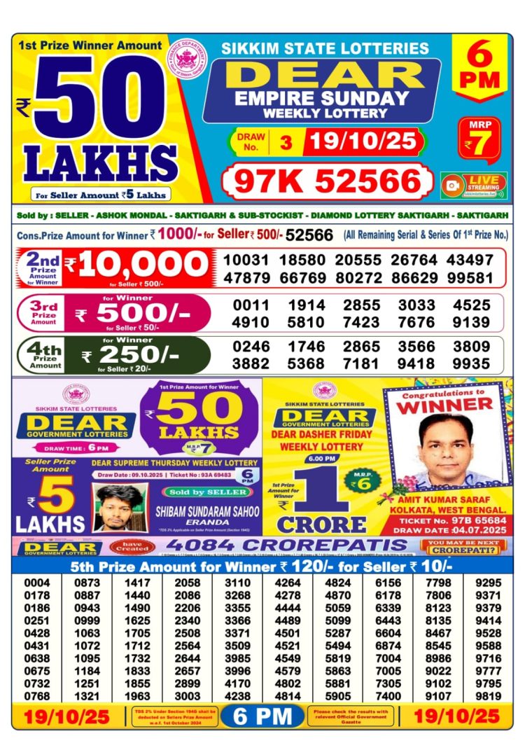 Sikkim Lottery Sambad Today 19.10.25 6PM Dear Lotteries