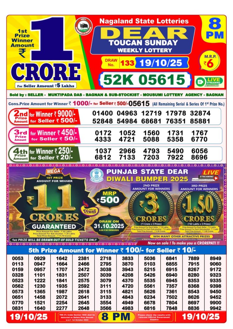 Dear Lottery Sambad 19.10.25 8 PM PDF | Nagaland State Lottery