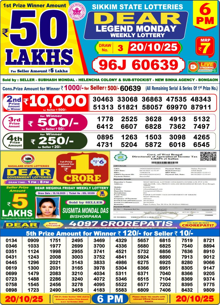 Sikkim Lottery Sambad Today 20.10.25 6PM Dear Lotteries
