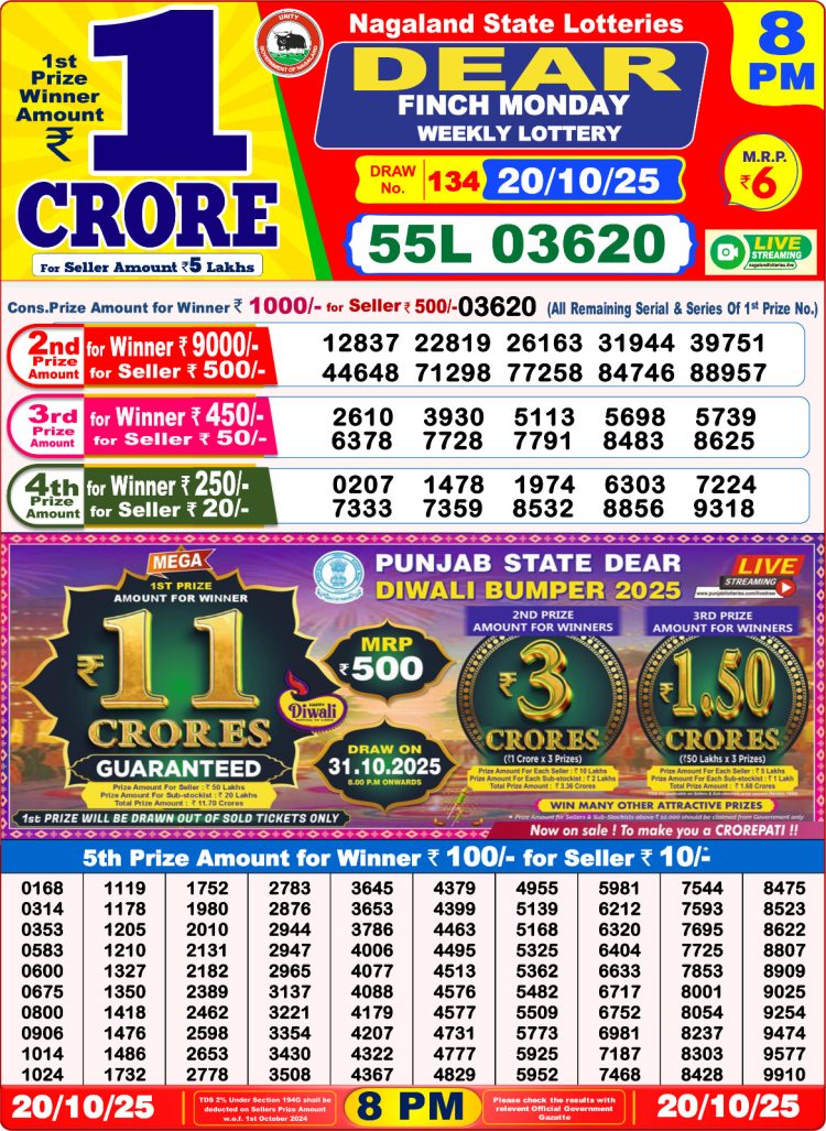 Dear Lottery Sambad 20.10.25 8 PM PDF | Nagaland State Lottery