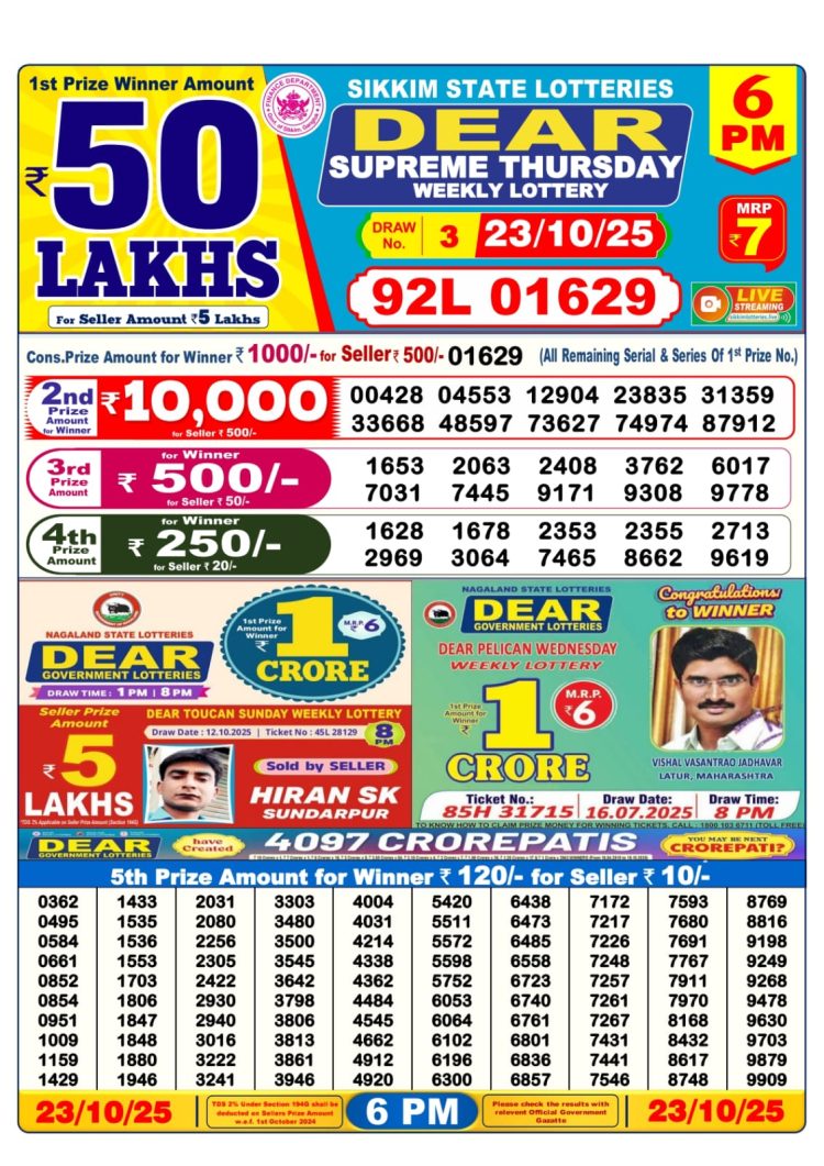 Sikkim Lottery Sambad Today 23.10.25 6PM Dear Lotteries