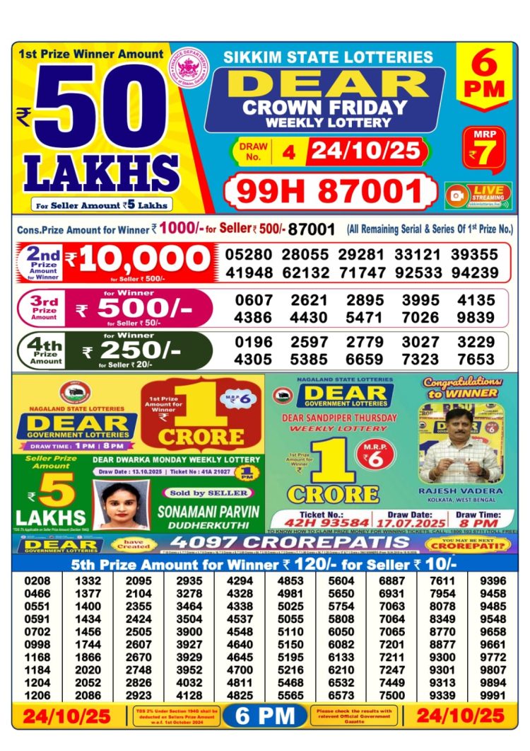 Sikkim Lottery Sambad Today 24.10.25 6PM Dear Lotteries