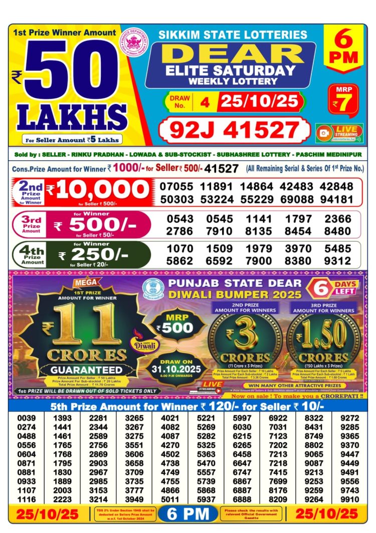 Sikkim Lottery Sambad Today 25.10.25 6PM Dear Lotteries