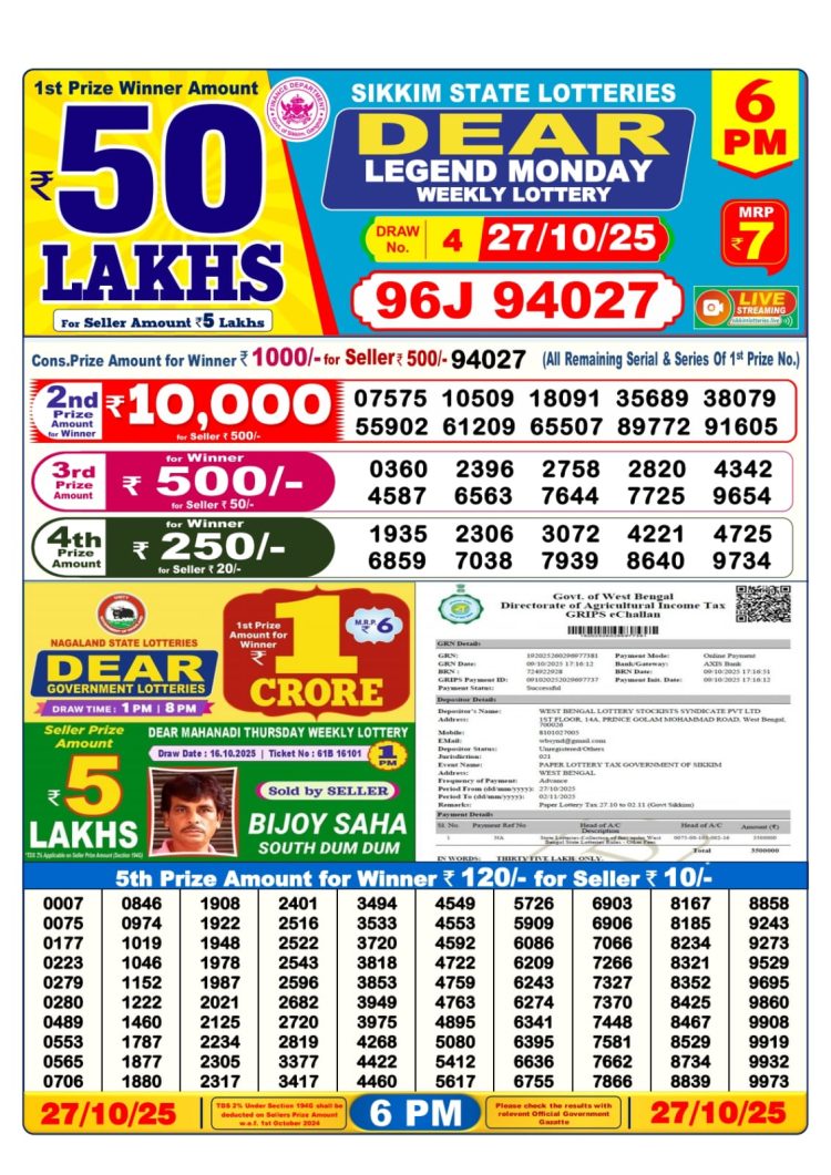 Sikkim Lottery Sambad Today 27.10.25 6PM Dear Lotteries