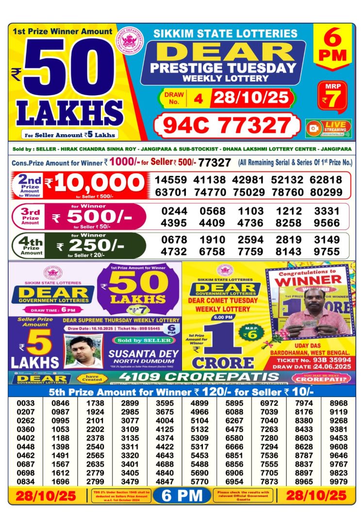 Sikkim Lottery Sambad Today 28.10.25 6PM Dear Lotteries