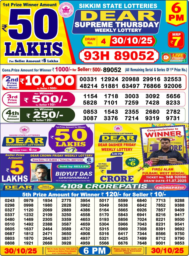 Sikkim Lottery Sambad Today 30.10.25 6PM Dear Lotteries