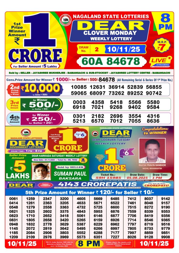 Dear Lottery Sambad 10.11.25 8 PM PDF | Nagaland State Lottery