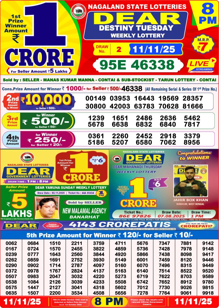 Dear Lottery Sambad 11.11.25 8 PM PDF | Nagaland State Lottery