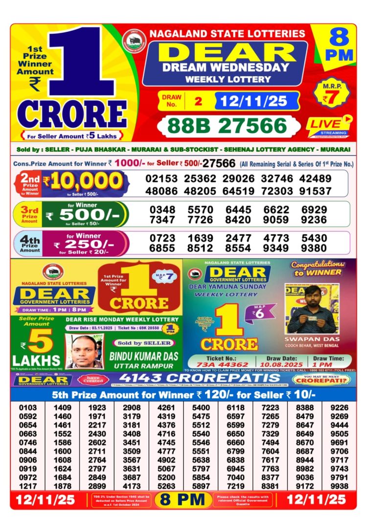 Dear Lottery Sambad 12.11.25 8 PM PDF | Nagaland State Lottery