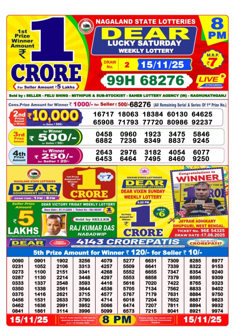 Dear Lottery Sambad 15.11.25 8 PM PDF | Nagaland State Lottery
