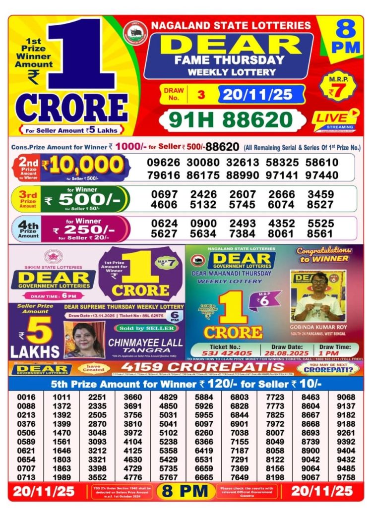 Dear Lottery Sambad 20.11.25 8 PM PDF | Nagaland State Lottery