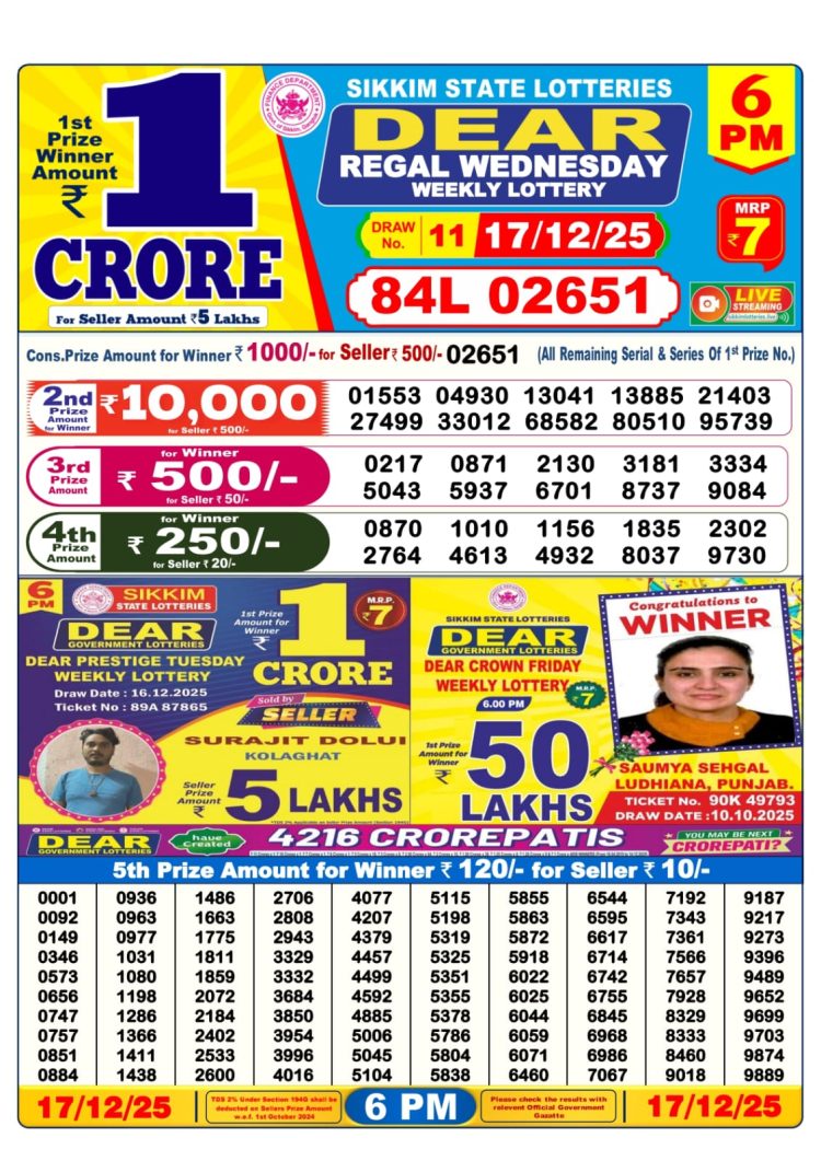 Sikkim Lottery Sambad Today 17.12.25 6PM Dear Lotteries