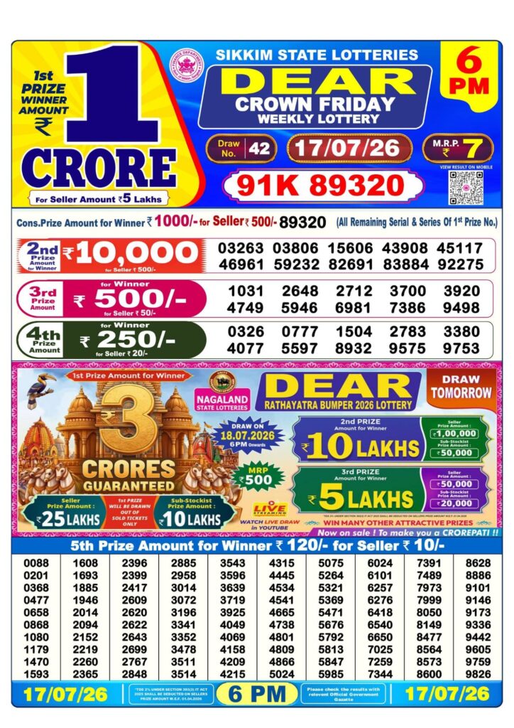 Dear Lottery 6PM Result